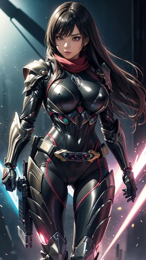 a kamen rider girl、superhero、mechanical suit、bikini body armor、bikini mechanical armor、metallic texture、scarf、kamen rider、big br...