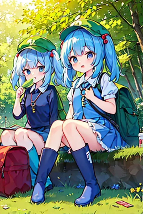 inubashiri momiji and kawashiro nitori playing a board game),2girls, playing a board game,outdoors, inubashiri momiji, wolf ears...