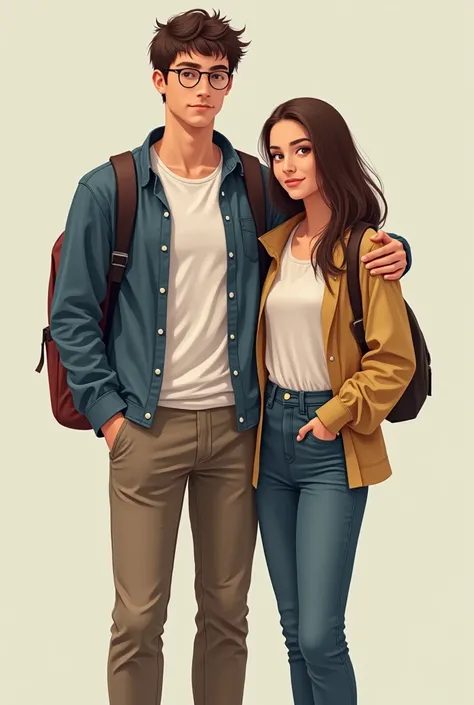 Draw a man  30 years old  6.2 feet  height with his 1 girlfriend and 4.9 feet wearing school clothes 