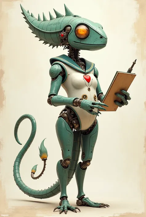 Robot Chameleon Wears a Beret、The tip of the tail is a brush、whole body、Have a sketchbook、Sailor suit、barefoot、mechanical、Scalpel、heart、woman