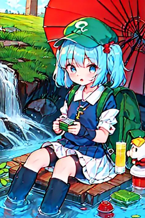 inubashiri momiji and kawashiro nitori playing a board game),2girls, playing a board game,outdoors, inubashiri momiji, wolf ears...