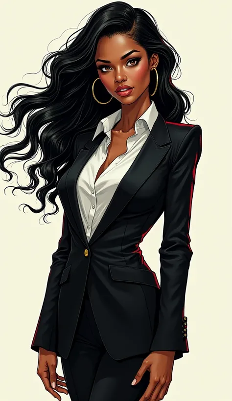 ((Korean comics)), Wavy Hair, woman, suit, thin, Age 25, Jet Black Skin, African descent