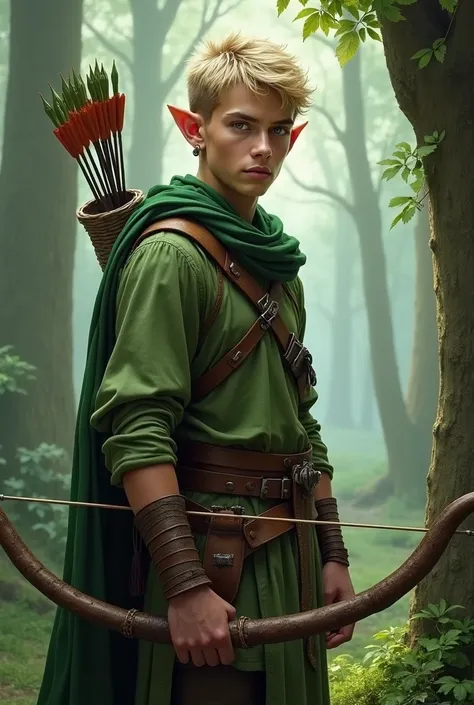 Elfo, man, White,short blonde, green eyes, bow and arrow, dagger, d&d