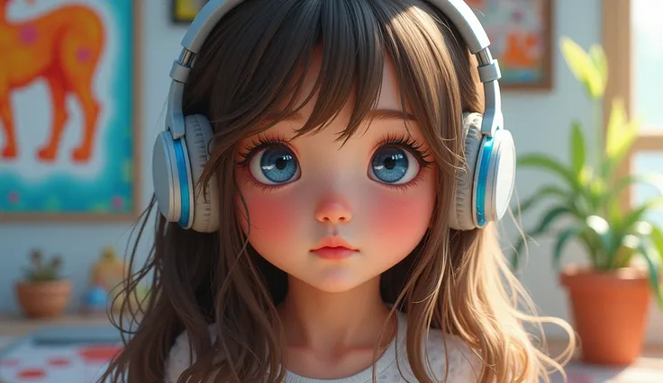 arafed image of a girl with headphones on, with long hair and blue eyes, childrens art in artstation, 8k portrait render, realistic digital art 4 k, realistic digital art 4k, adorable digital painting, 4k highly detailed digital art, 🤤 girl portrait, 3 d r...