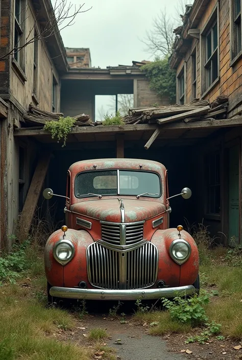 1940 pickup truck abandoned in wreckage of a house