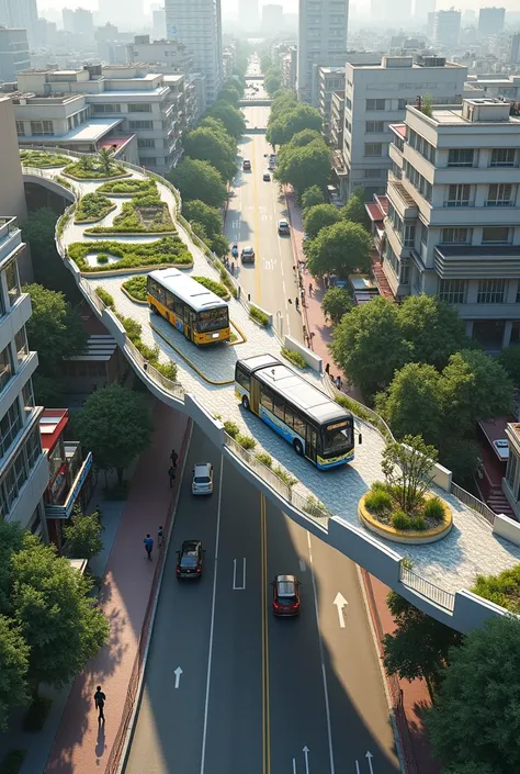 generates an image of an elevated walkway over a main avenue, in which a few buildings can be seen around. This walkway has integrated gardens, a cycle path on the corner, It has intermodal parks that combine bus stations. This bus runs through the middle ...