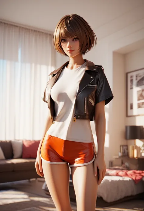 score_9, score_8_up, score_7_up, 1girl, bright red, tousled, short hair, Eye colour Golden brown,medium height,biker jacket, loose T-shirts and shorts,,standing in livingroom,detailed picture, HD32k