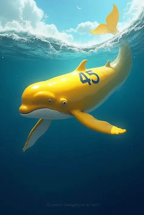 Make a yellow whale with the number 45 in the sea with waves
