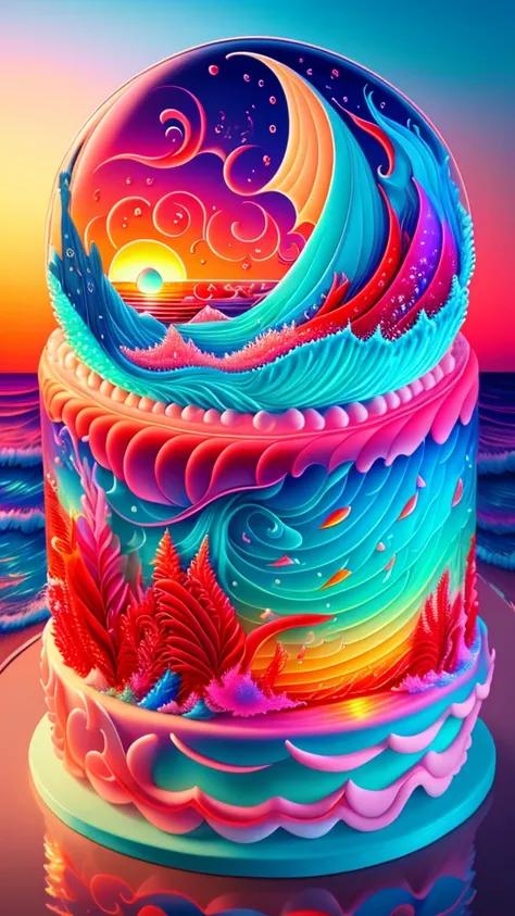 Ultra detailed 32k resolution big beautiful Gorgeous soft_Transparent_Colored_Aquatic_theme_cake, Aquatic_animal_cake,  Super detailed stormy waves and red sunset in background, Super detailed, Maximalism, Complex, Gorgeous, Fantastic, Mythical, , Optics ,...