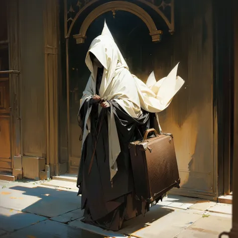 Black cloak、Black hood、Big backpack、Traveling Merchant Woman、solo, Lots of luggage、Big carriage、street vendors