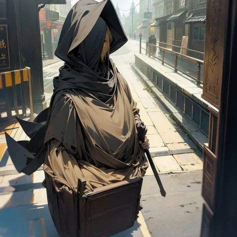 Black cloak、Black hood、Big backpack、Traveling Merchant Woman、solo, Lots of luggage、Big carriage、street vendors