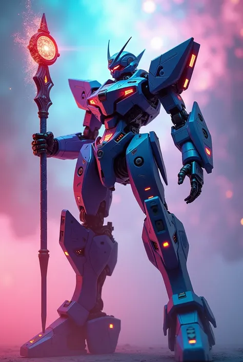 ((masterpiece, Highest quality, Best image quality, High resolution, Realistic, RAW Photos, 8k, Highly detailed CG synthesis 8k wallpaper)), colorful gradient, craft, mecha witchcraft staff, floating