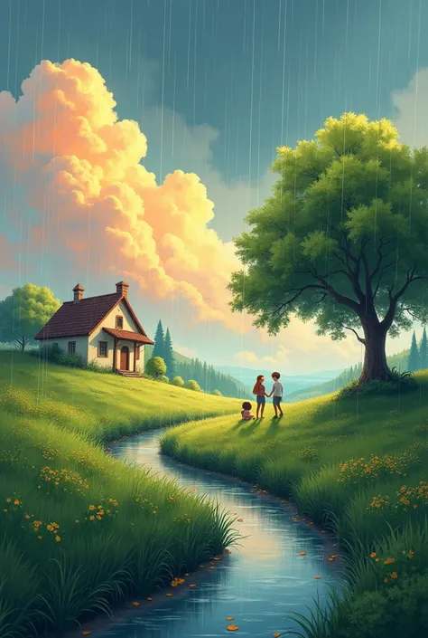 Create a landscape of a serene countryside scene during a gentle summer rain. A cozy cottage with light painted colors near a large, lush green tree. The sky is filled with dramatic, billowing clouds in vibrant shades of orange and yellow, illuminated by s...