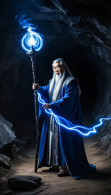 An ancient Asian wizard with a long cloak, silver hair, holding a feng shui staff, appeared from underground. Blue-white light emitted from his body, merging with the surrounding feng shui energy. He placed his hand on the ground, activating the power, cau...