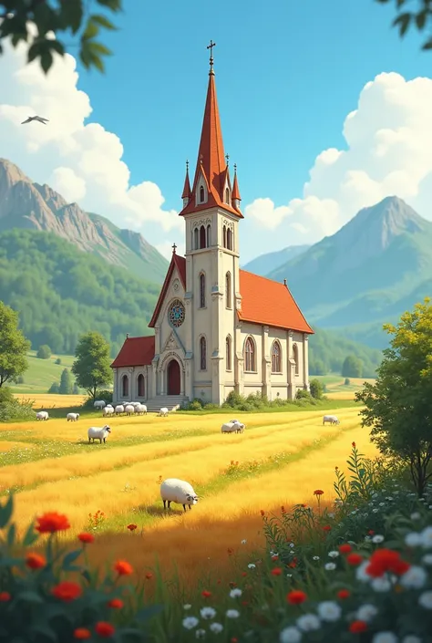 Ibis Paint graphics church with a cultivated field and sheepyard