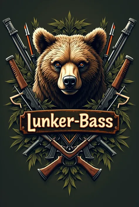 Create a logo for a hunting store called Lunker-Bass,with some figures of hunting weapons,Bear.