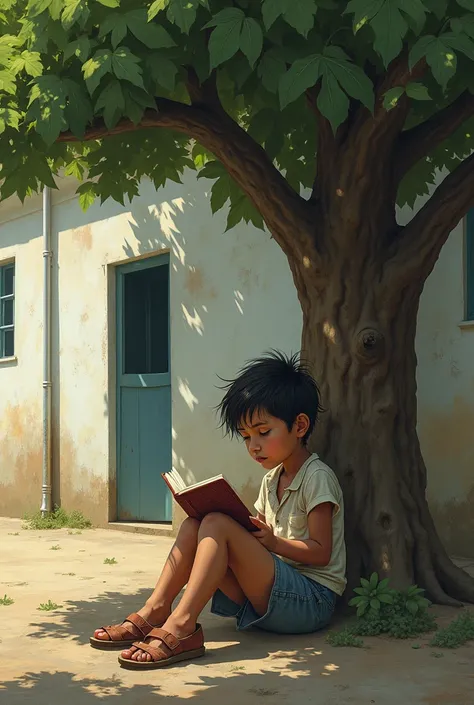 Beggar girl reading book front of the school under the tree 