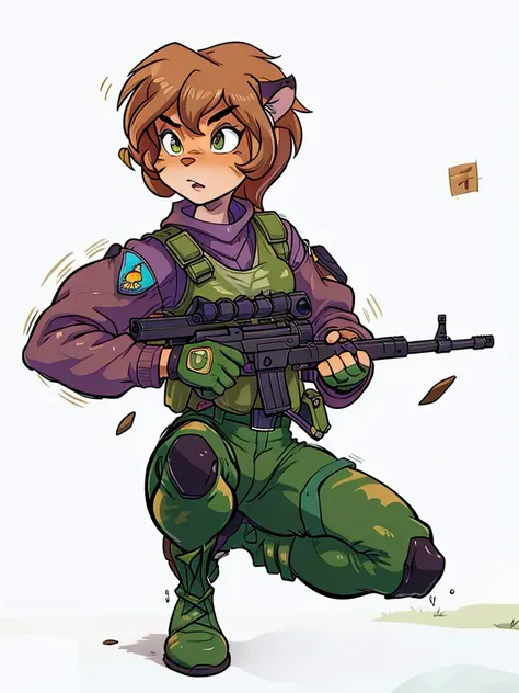 anthro tiger girl brown hair with a host, with a purple sweater, bulletproof vest, camouflage pants, army boots  
holding a rifl...