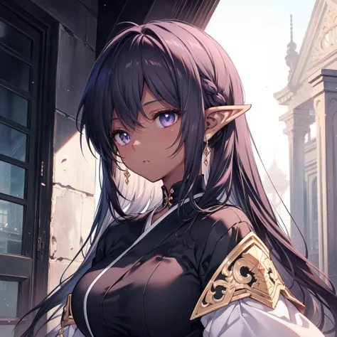 high quality, masterpiece, Delicate hair, Delicate eyes, Delicate hair, ((masterpiece, 最high quality)), high quality, masterpiece, Delicate hair, Delicate eyes, Dark Elf, Elf Ears, Dark Skin, woman, Sharp golden eyes,  Purple Hair， Large Breasts, glamorous...