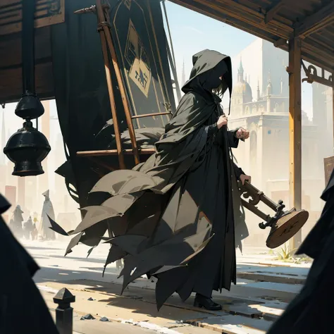 Black cloak、Black hood、Big backpack、Traveling Merchant Woman、solo, Lots of luggage、Big carriage、street vendors