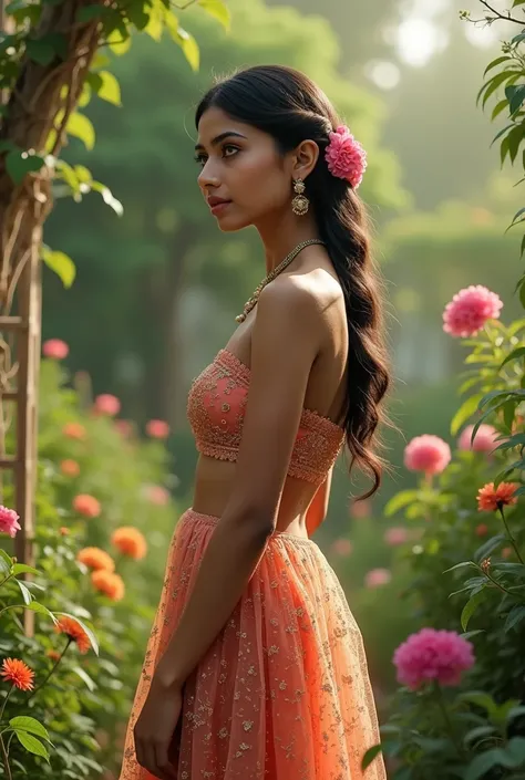  A  very  beautiful indian girl standing in garden she wearing beautiful  net skirt