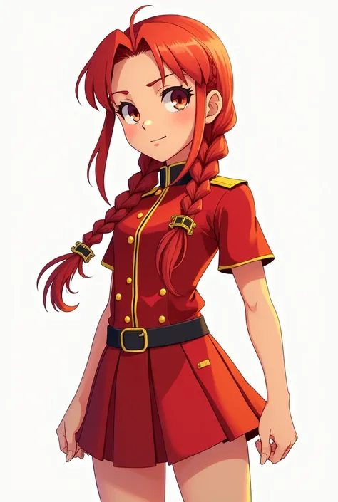 an 1 girl, with red braided hair, in red guard uniform, 2d animation style drawing, full body, in position 3/4