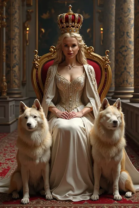 Queen, with crown sitting in the palace with two sitting Westies