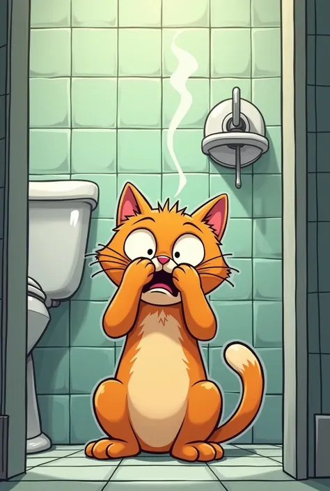 1 chat qui se bouche le nez car ça pue dans les toilettes 