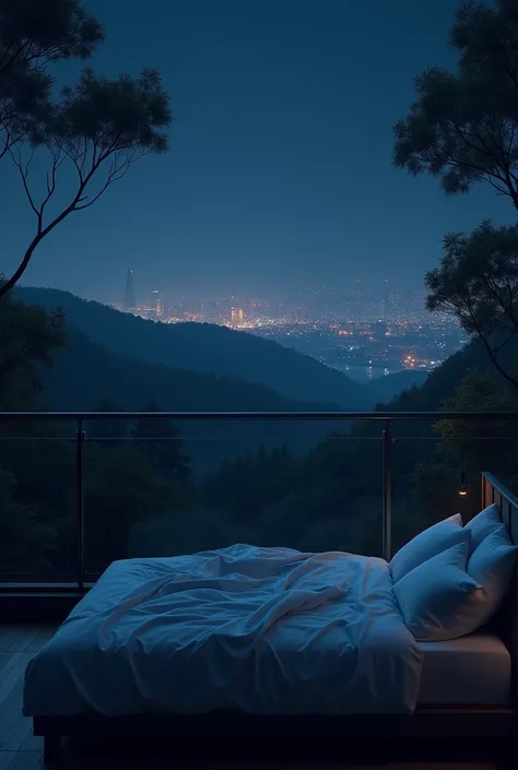 A bed with the view of the city and the forest in night time. Remove the girl