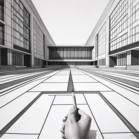 Pencil drawing, Architectural Design Process, Architectural Design And Drawings, In the process of completion, One hand holding a pencil, perspective projection, Trace-vanishing point method, Strange Architectural Designs, Weird, 