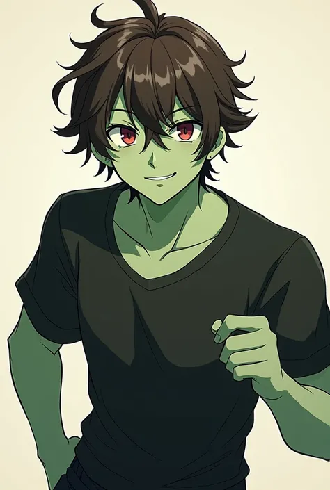 Male anime character with brown hair wearing a black shirt and black pants and glasses with green skin and black brown hair with a smiling face 