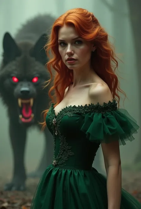 A fierce lycan beast with crimson red eyes growling in the blurred background with the main focus on a beautiful curvy red haired woman at the center wearing a royal green dress and looking timid
