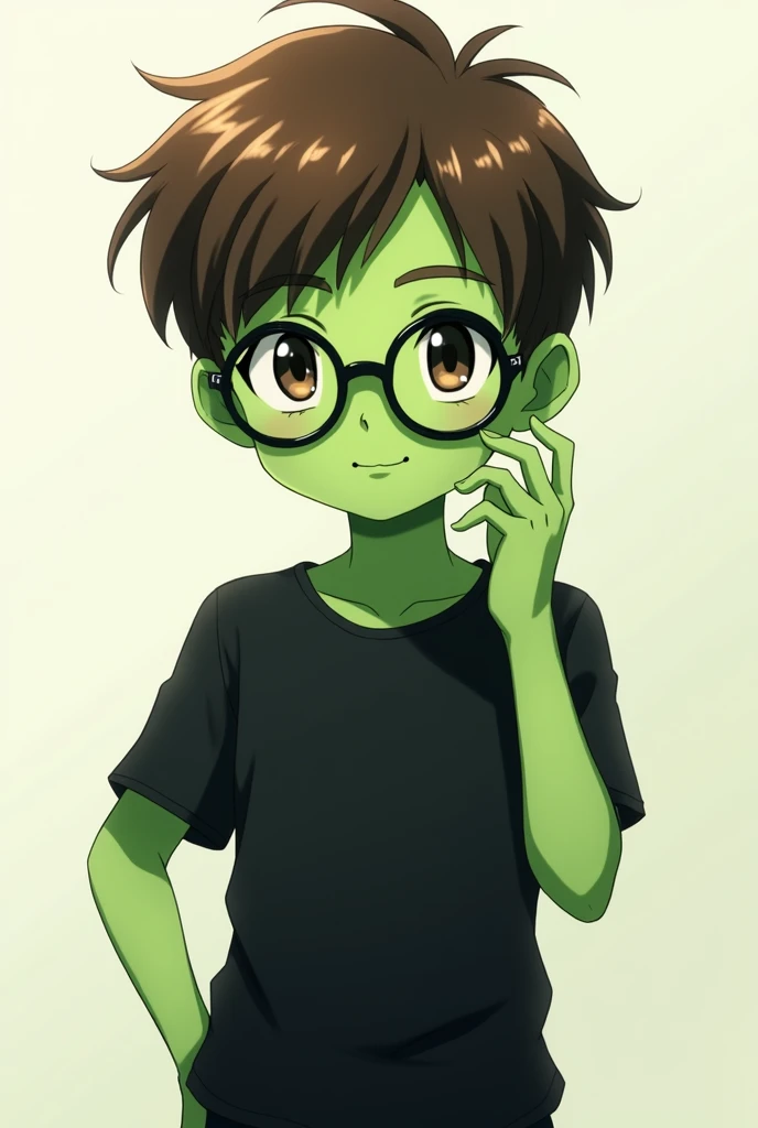 Anime boy with green skin and brown hair, black shirt, black pants and black glasses