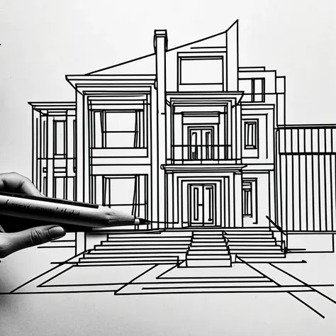 pencil drawing, architectural design process, architectural design and drawings, in the process of completion, one hand, pencil,...