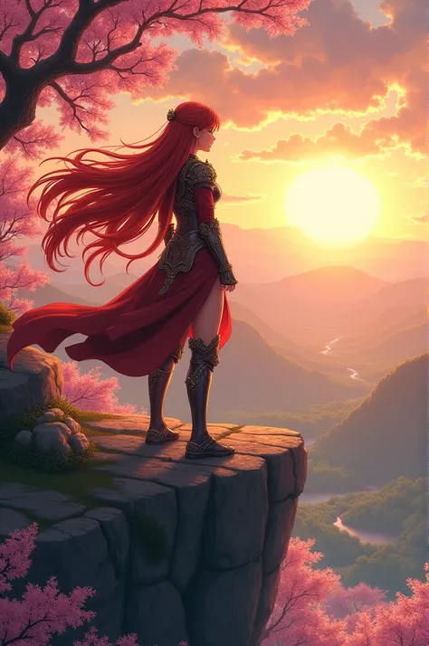 "Create an anime-style image of a majestic, fiery-haired warrior princess standing atop a cliff overlooking a serene, cherry blossom-filled valley at sunset."

