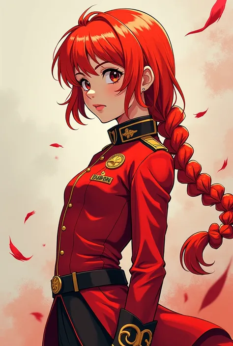 an 1 girl, hair with a single braid back red, in red guard uniform, 2d style drawing, full body, in position 3/4