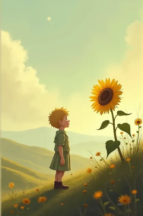 The little prince contemplating a sunflower