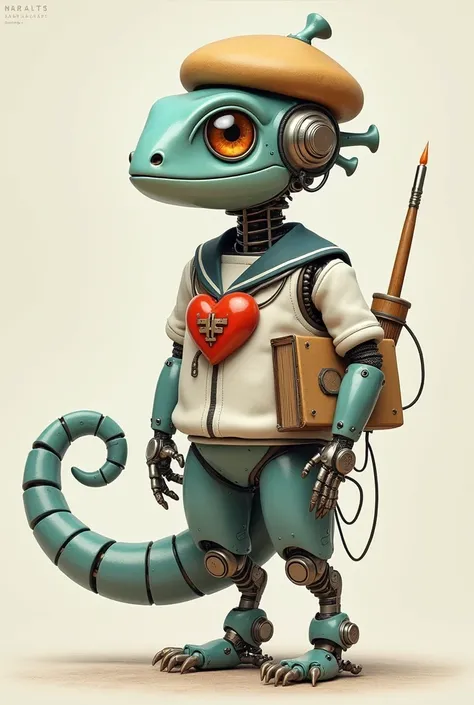 Robot Chameleon Wears a Beret、The tip of the tail is a brush、whole body、Have a sketchbook、Sailor suit、barefoot、mechanical、Scalpel、heart、woman、Tow heads High