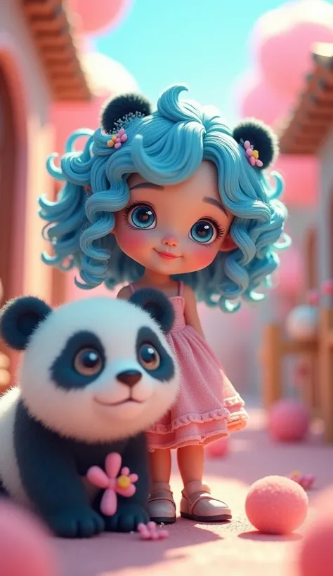 3D style  
girl with blue curls hair
 Blue eyes 
With a biger panda beautiful 