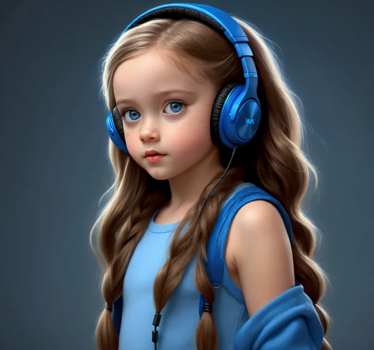 Full Body Shot Portrait of A Sassy young girl with headphones on image, with long hair and blue eyes, childrens art in artstation, 8k portrait render, realistic digital art 4 k, adorable digital painting, highly detailed digital art, girl portrait, 3 d ren...