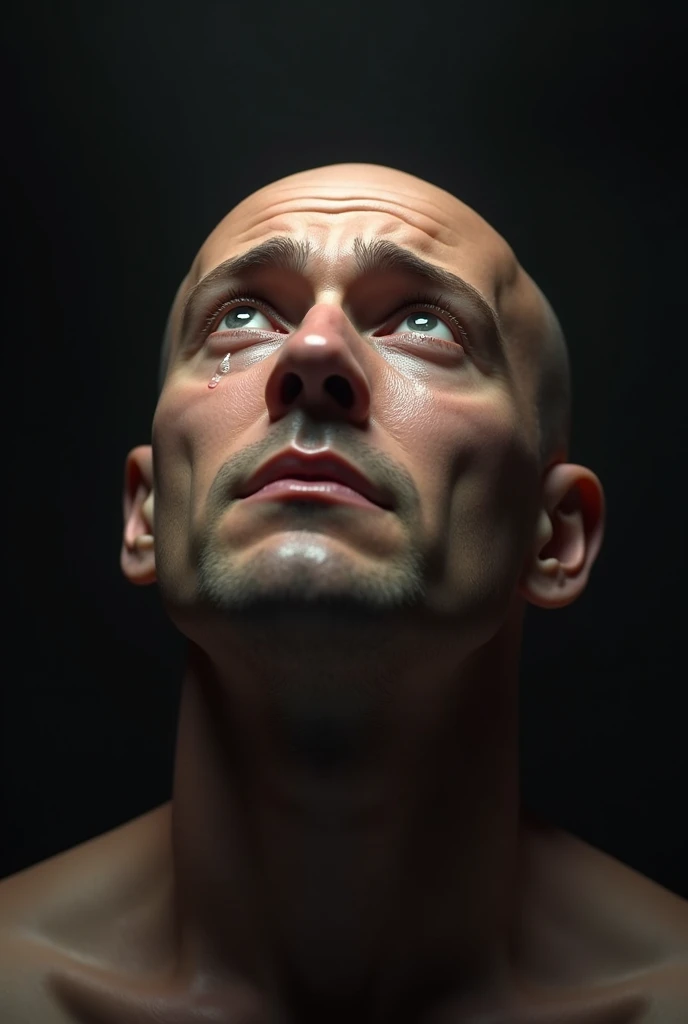 Bald Man Not Realistic Looks Up(45⁰ degrees) looks forward and tears flow  