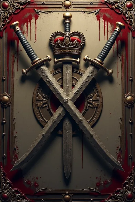 A SYMBOL OF SWORDS CROSSED AXES WITHA A ROYAL EMBLEM AND ROYAL BORDERS COVERED WITH BLOOD