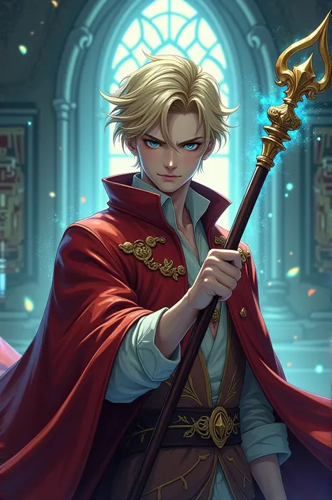 Create a manga character He has to look like a young man with blond hair and is serious He must have the clothes of a wizard and a scepter
