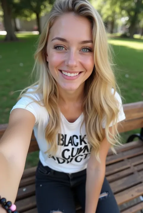 A photorealistic full-body selfie taken by a cute blonde white college woman. She is sitting on a park bench.  Her hair is gorgeous and is long, wavy.  She is wearing a small white shirt with the words, “BLACK CUM ADDICT”  in black bold font.  She is weari...