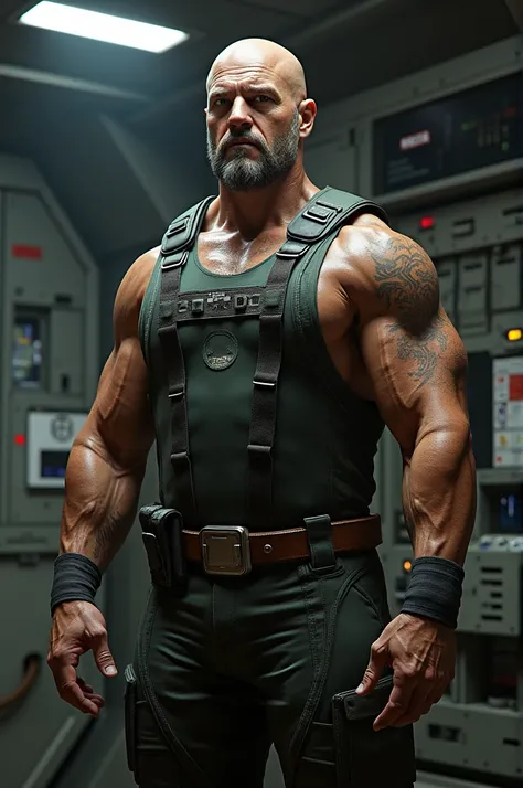 A muscular bald Chief Galen Tyrol from Battlestar Galactica