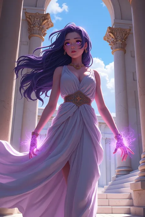 (My hero academia style) A girl with long dark purple hair and light purple eyes wearing ancient greek clothing in a greece castle 