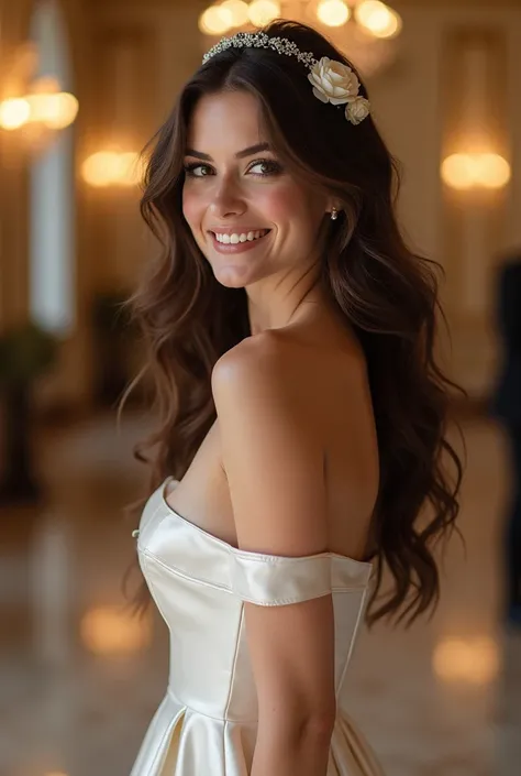 Realistic shot of a full body portrait of a young brunette German bride aged 24 with long hair, hair band, Flower in hair, Necklace, smile. She playfully bends in front of the camera in a shiny metallic satin A-line wedding dress with off shoulder straps.....