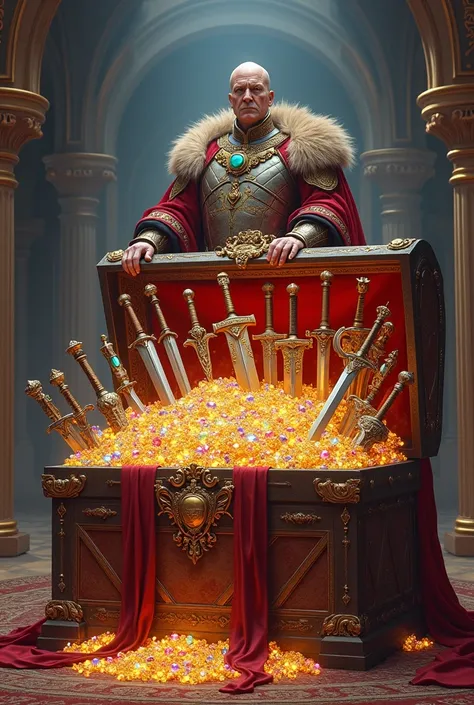 The colorful diamond treasure chest has many weapons, swords and shields, many gems and many shields, and a high-definition background image with a handsome and domineering kingly style.