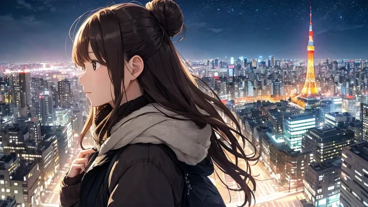 Shiraishi Mei, Looks exactly like Shiraishi Mei,A woman looking up at the sky ,  Dark brown hair, , Bun Hair。One person travel、20th Generation、Right beside･profile、As if looking up、To see into the distance、Tokyo、Night view、Tokyoタワー、Skyscraper district、phot...