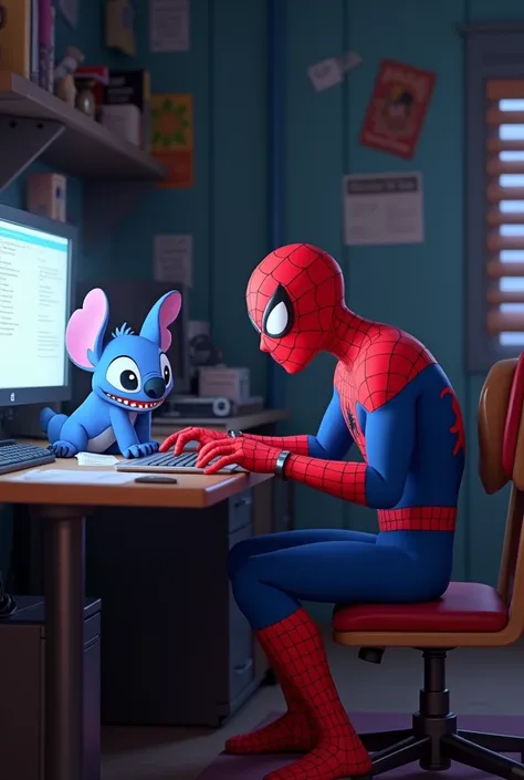 Animated Spiderman typing on his computer and an animated stitch on the side making him angry